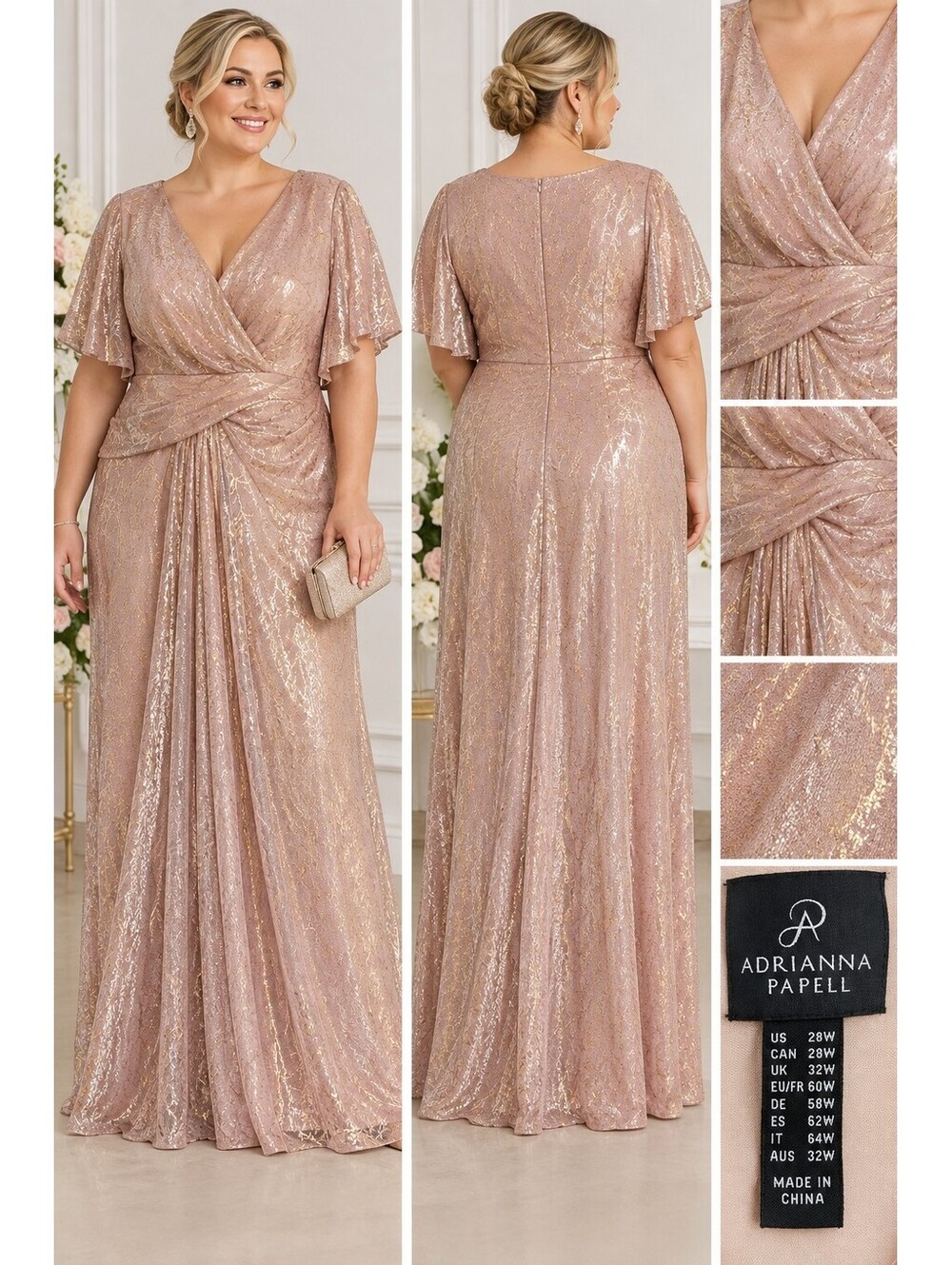 Adrianna Papell Rose Gold Gown Half Dolman Sleeve Plus sz 28W Formal Modest Gala